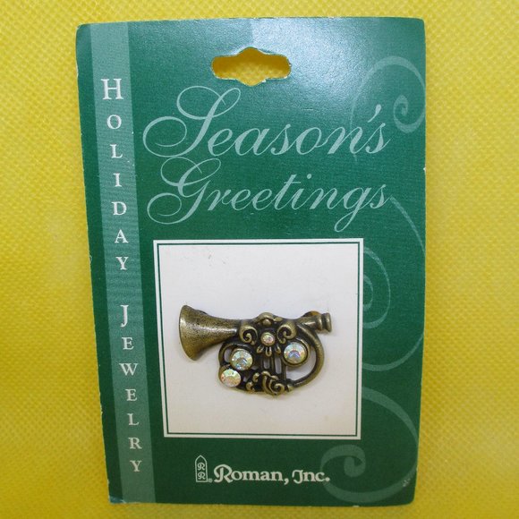 2002 Roman Inc. AB Rhinestone Trumpet Brooch Roman Inc Seasons Greetings Holiday - Picture 1 of 12